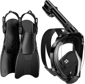W WSTOO Mask Fins Snorkel Set,Snorkeling Gear for Adults,Full Face Snorkel Mask & Adjustable Swim Fins,Dry Top System Anti-Fog Anti-Leak