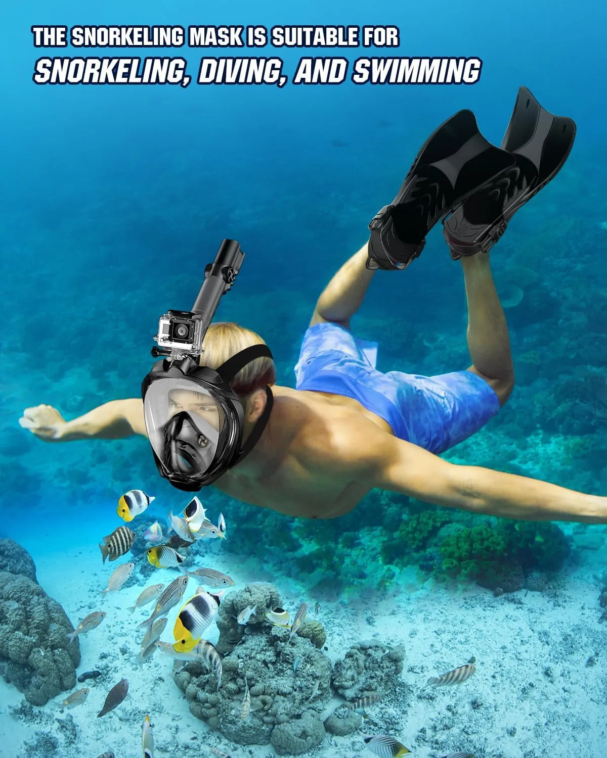 W WSTOO Mask Fins Snorkel Set,Snorkeling Gear for Adults,Full Face Snorkel Mask & Adjustable Swim Fins,Dry Top System Anti-Fog Anti-Leak