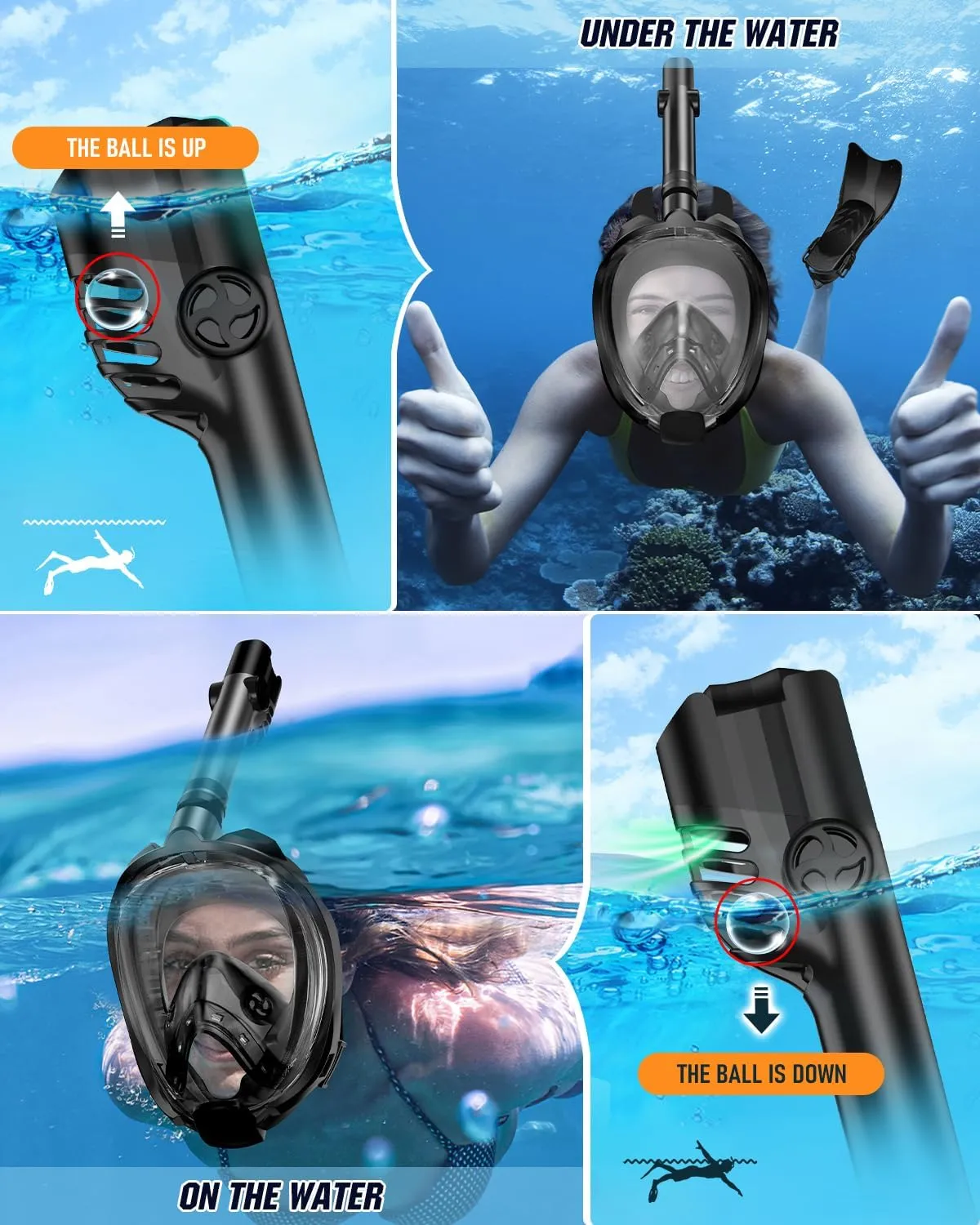 W WSTOO Mask Fins Snorkel Set,Snorkeling Gear for Adults,Full Face Snorkel Mask & Adjustable Swim Fins,Dry Top System Anti-Fog Anti-Leak