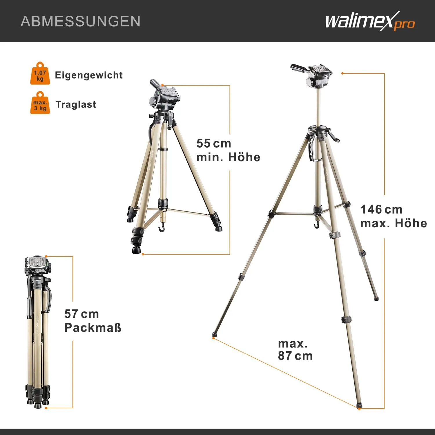 Walimex WT-3530 Basic Tripod with 3D Panhead, 146 cm (max. Load-Bearing Capacity 3 kg, incl. Carry Bag, one Spirit Level, 1 Level)