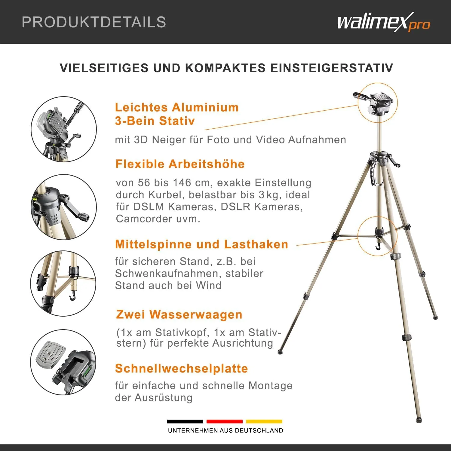Walimex WT-3530 Basic Tripod with 3D Panhead, 146 cm (max. Load-Bearing Capacity 3 kg, incl. Carry Bag, one Spirit Level, 1 Level)