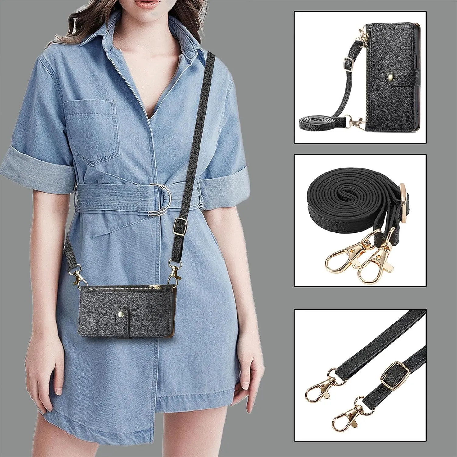 Wallet Case for Samsung Galaxy Note 8 Zipper Pocket Purse with Shoulder Wrist Strap, PU Leather Stand Flip Folio Card Holder Accessories Cell Phone Cover for Note8 Not S8 Gaxaly Women Black