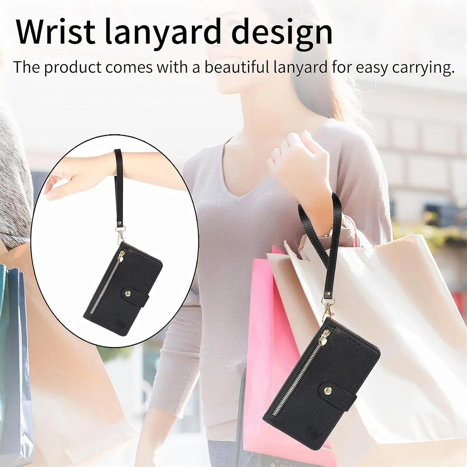 Wallet Case for Samsung Galaxy Note 8 Zipper Pocket Purse with Shoulder Wrist Strap, PU Leather Stand Flip Folio Card Holder Accessories Cell Phone Cover for Note8 Not S8 Gaxaly Women Black