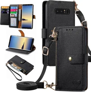 Wallet Case for Samsung Galaxy Note 8 Zipper Pocket Purse with Shoulder Wrist Strap, PU Leather Stand Flip Folio Card Holder Accessories Cell Phone Cover for Note8 Not S8 Gaxaly Women Black