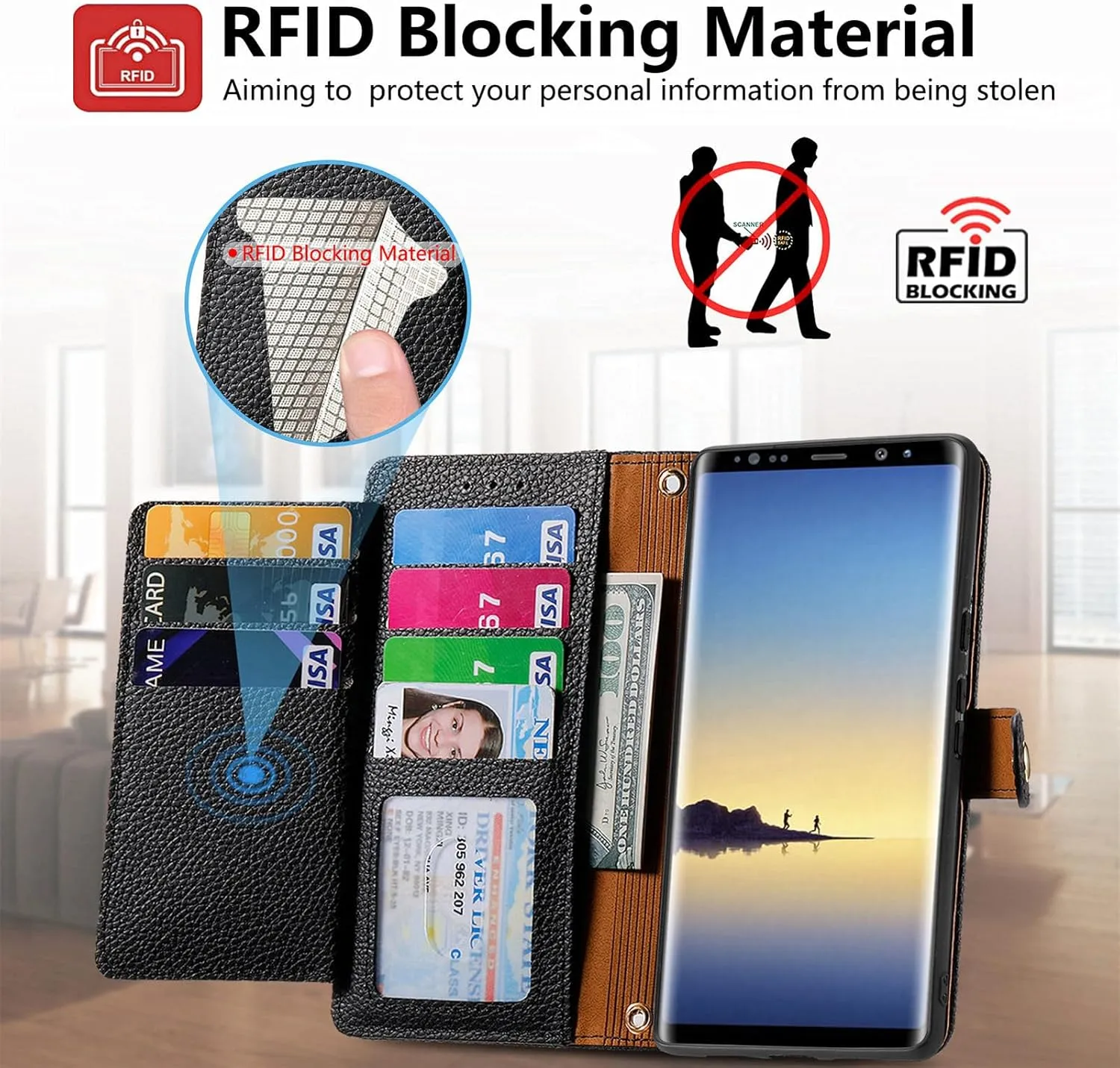 Wallet Case for Samsung Galaxy Note 8 Zipper Pocket Purse with Shoulder Wrist Strap, PU Leather Stand Flip Folio Card Holder Accessories Cell Phone Cover for Note8 Not S8 Gaxaly Women Black