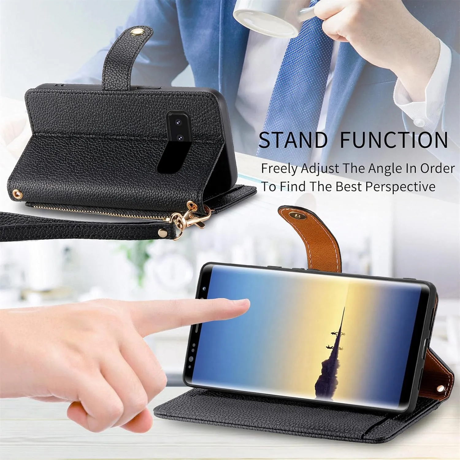 Wallet Case for Samsung Galaxy Note 8 Zipper Pocket Purse with Shoulder Wrist Strap, PU Leather Stand Flip Folio Card Holder Accessories Cell Phone Cover for Note8 Not S8 Gaxaly Women Black