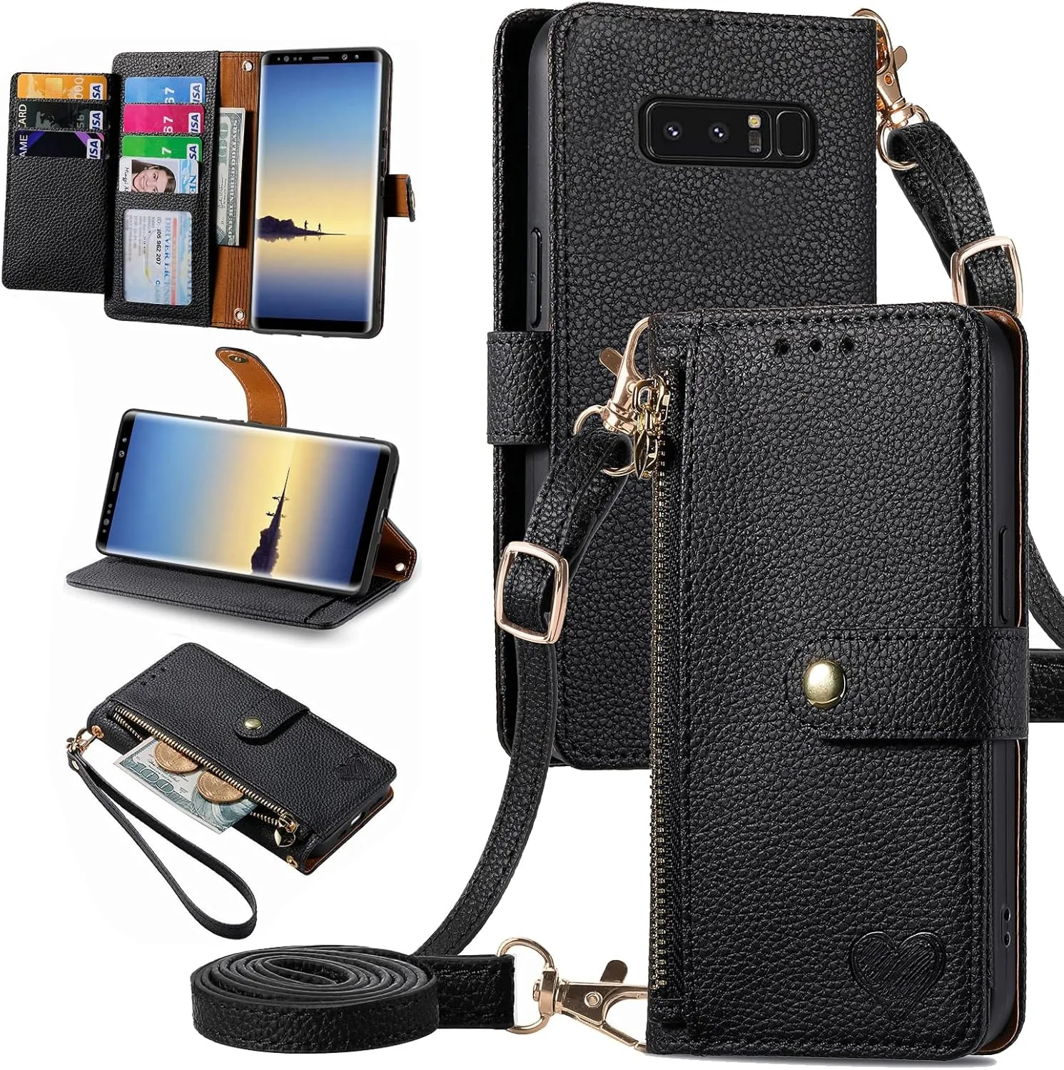 Wallet Case for Samsung Galaxy Note 8 Zipper Pocket Purse with Shoulder Wrist Strap, PU Leather Stand Flip Folio Card Holder Accessories Cell Phone Cover for Note8 Not S8 Gaxaly Women Black