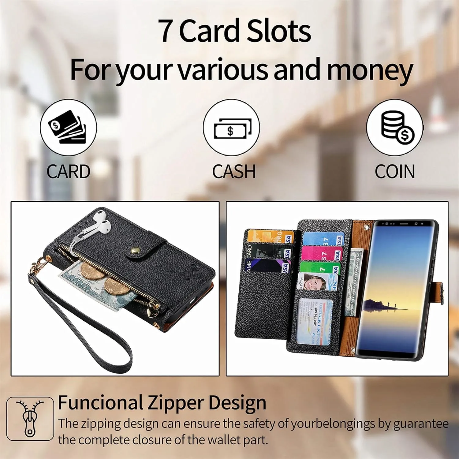 Wallet Case for Samsung Galaxy Note 8 Zipper Pocket Purse with Shoulder Wrist Strap, PU Leather Stand Flip Folio Card Holder Accessories Cell Phone Cover for Note8 Not S8 Gaxaly Women Black