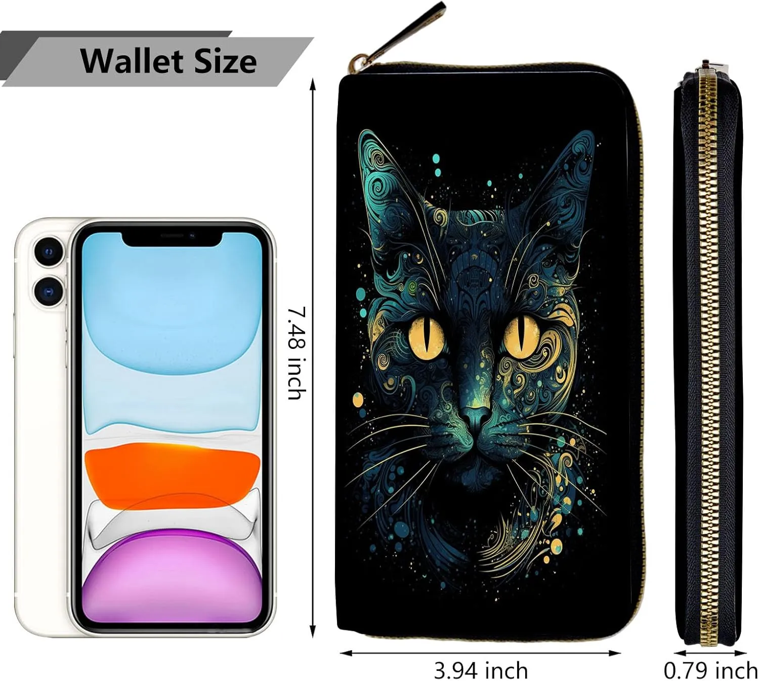 Wallet for Everyone, Large Capacity Clutch Purse in Black Cat PU Leather, 12 Card Slots, Clearance Credit Card Holder, Handbag Wallets for Ladies-Unisex Adults