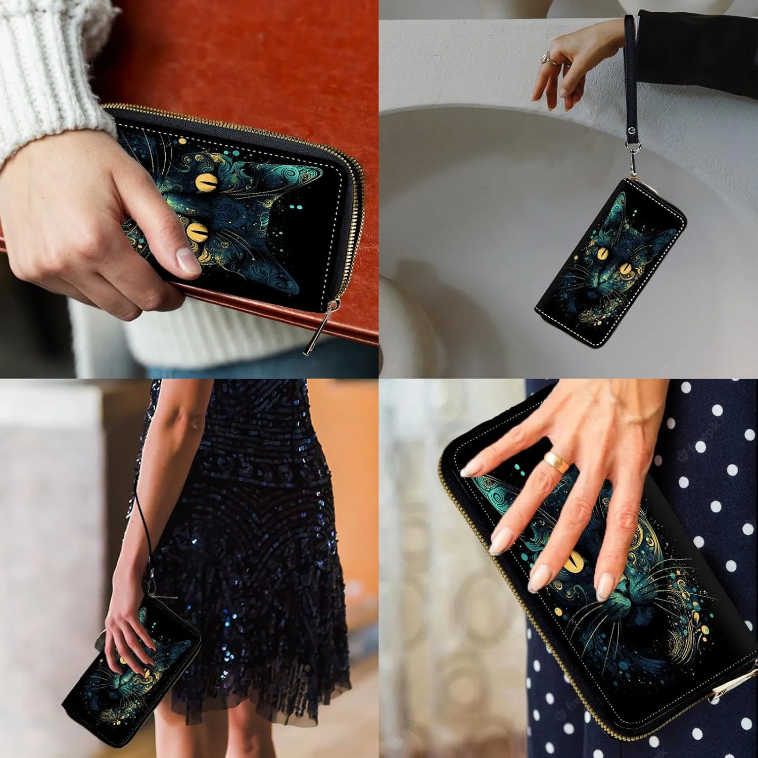 Wallet for Everyone, Large Capacity Clutch Purse in Black Cat PU Leather, 12 Card Slots, Clearance Credit Card Holder, Handbag Wallets for Ladies-Unisex Adults