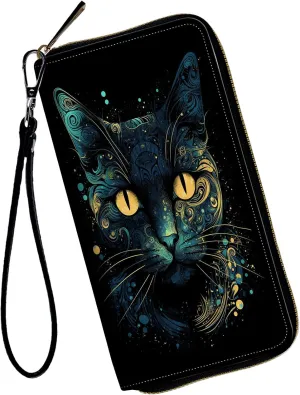 Wallet for Everyone, Large Capacity Clutch Purse in Black Cat PU Leather, 12 Card Slots, Clearance Credit Card Holder, Handbag Wallets for Ladies-Unisex Adults