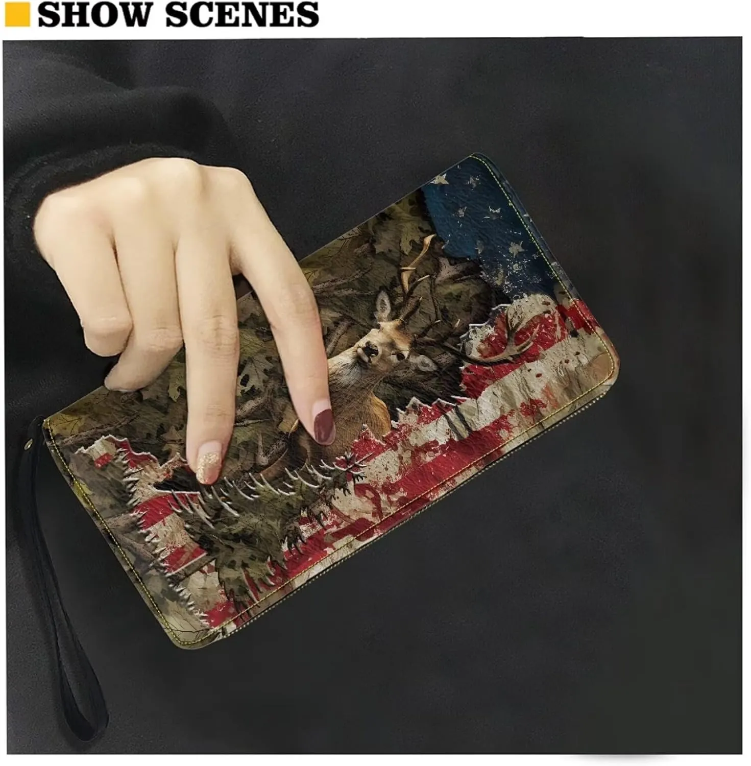 Wallet for Men Flag and Deer Leopard Pattern Travel Business Shopping Money Clips Handbag Purse Zipper Clutch Bag with Wristlet Strap