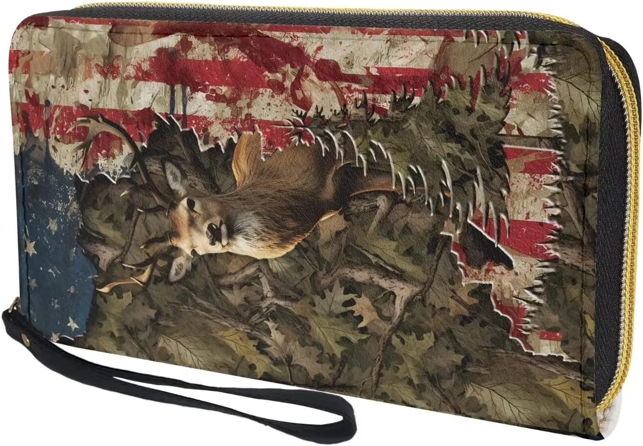Wallet for Men Flag and Deer Leopard Pattern Travel Business Shopping Money Clips Handbag Purse Zipper Clutch Bag with Wristlet Strap