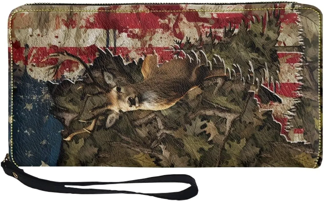 Wallet for Men Flag and Deer Leopard Pattern Travel Business Shopping Money Clips Handbag Purse Zipper Clutch Bag with Wristlet Strap