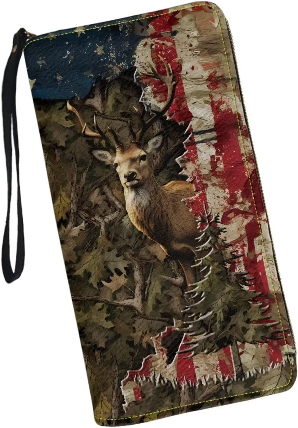Wallet for Men Flag and Deer Leopard Pattern Travel Business Shopping Money Clips Handbag Purse Zipper Clutch Bag with Wristlet Strap