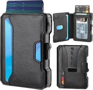 Wallet for Men, RFID Blocking Slim Mens Wallet with Money Clip, Minimalist Pop Up Card Case, ID Window, 9-11Cards Capacity, Bifold Leather Front Pocket Wallet with Gift Box（Black）
