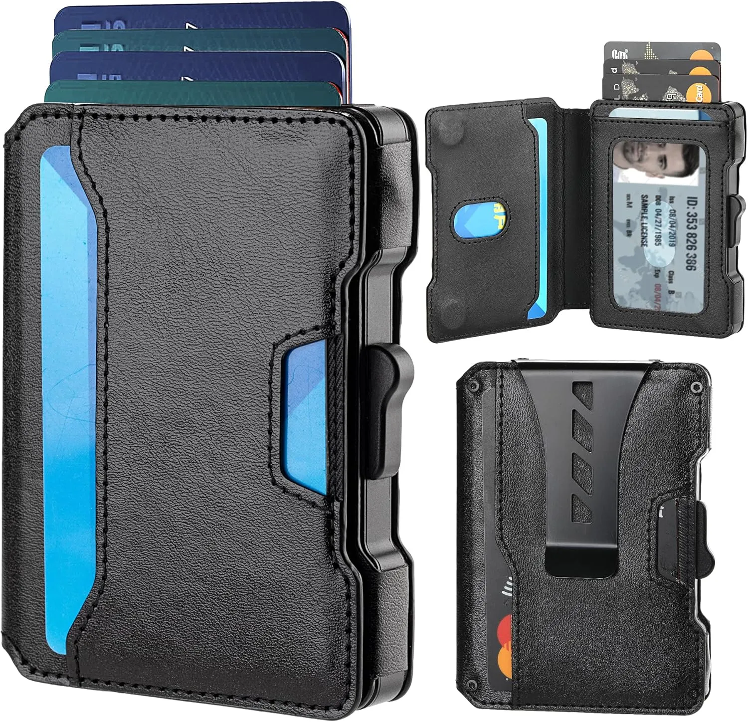 Wallet for Men, RFID Blocking Slim Mens Wallet with Money Clip, Minimalist Pop Up Card Case, ID Window, 9-11Cards Capacity, Bifold Leather Front Pocket Wallet with Gift Box（Black）