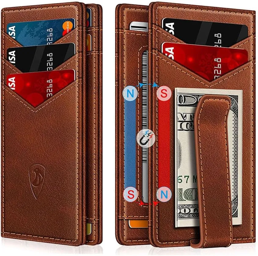 Wallet for Men Slim Leather Wallets for 12-15 Cards, Minimalist Thin RFID Blocking Card Holder with Money Clip & ID Window, Small Bifold Front Pocket Wallet, Gifts for Men