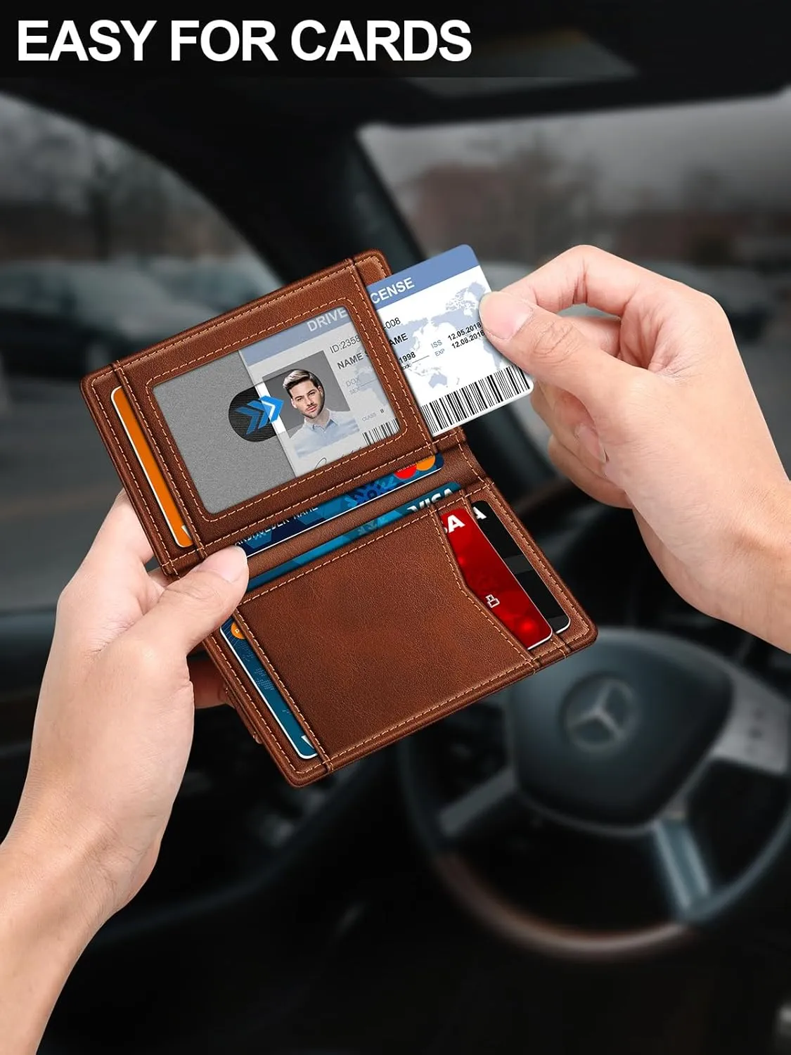 Wallet for Men Slim Leather Wallets for 12-15 Cards, Minimalist Thin RFID Blocking Card Holder with Money Clip & ID Window, Small Bifold Front Pocket Wallet, Gifts for Men
