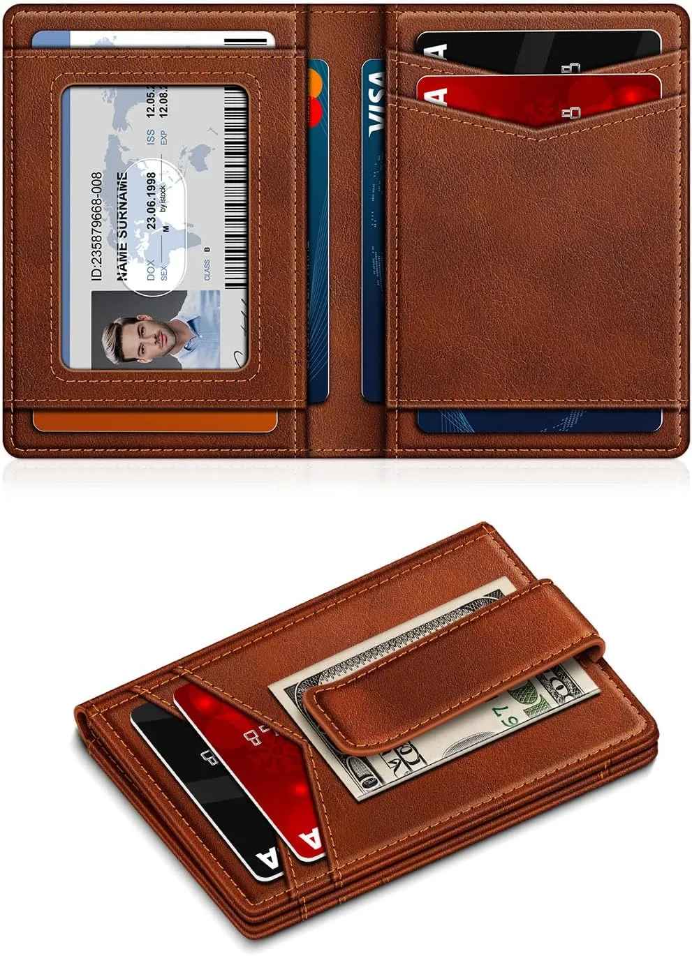 Wallet for Men Slim Leather Wallets for 12-15 Cards, Minimalist Thin RFID Blocking Card Holder with Money Clip & ID Window, Small Bifold Front Pocket Wallet, Gifts for Men