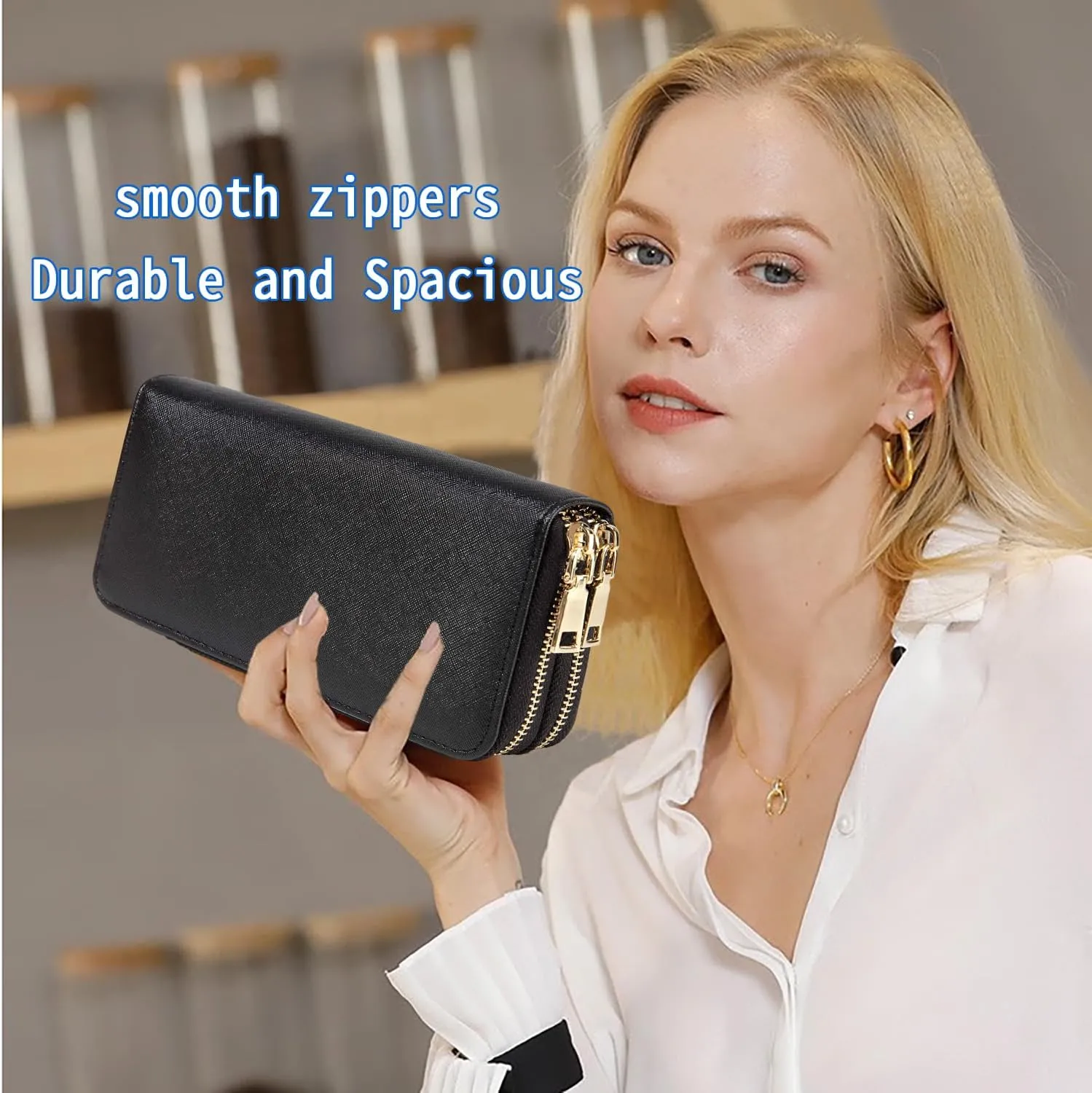 Wallet for Women Ladies Purse Large Extra Capacity Zip Around Wallets (Black)