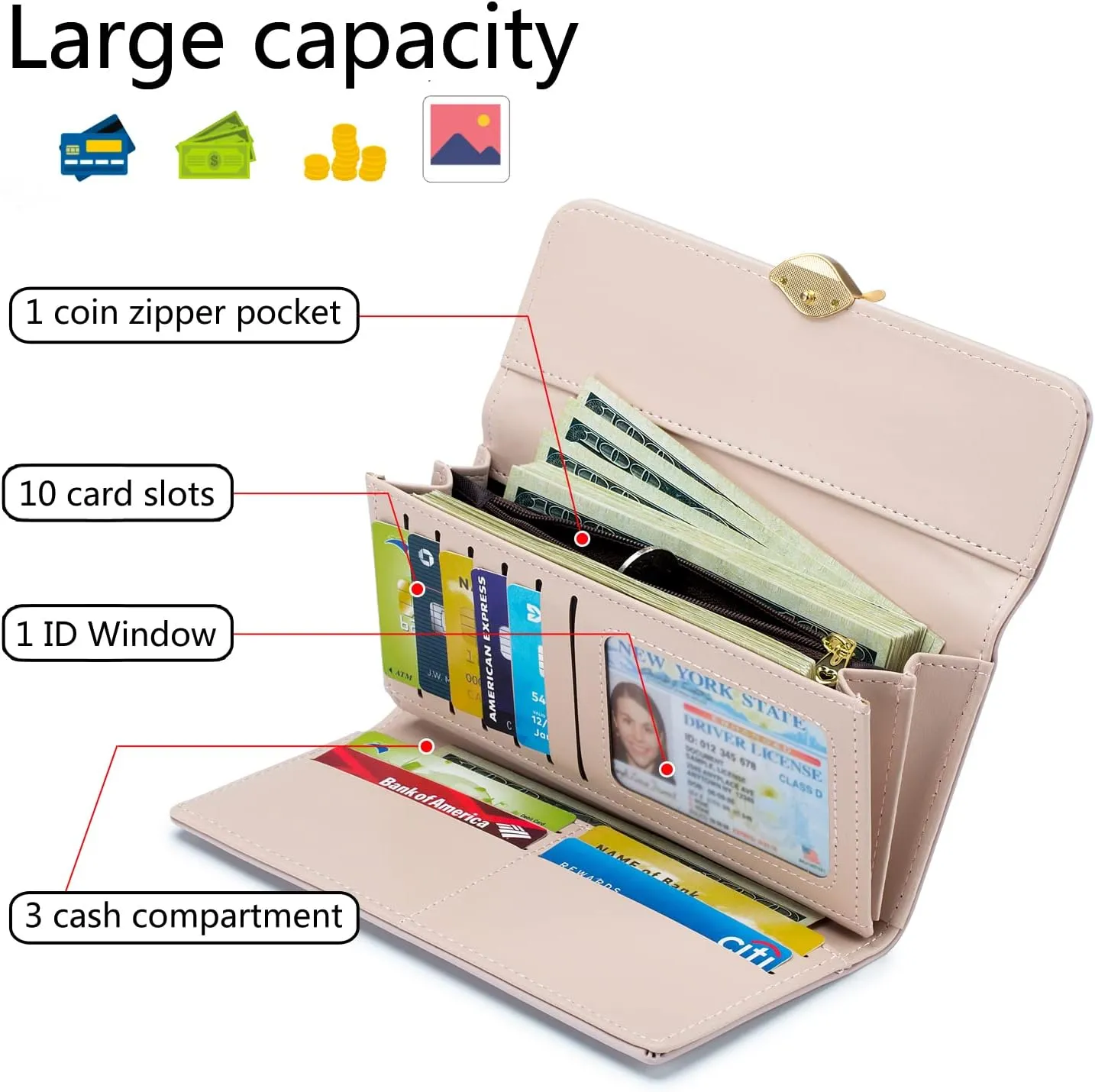Wallet for Women RFID Blocking PU Leather Leaf Pendant Card Holder Phone Checkbook Organizer Zipper Coin Purse