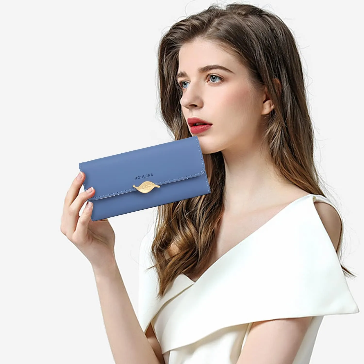 Wallet for Women RFID Blocking PU Leather Leaf Pendant Card Holder Phone Checkbook Organizer Zipper Coin Purse