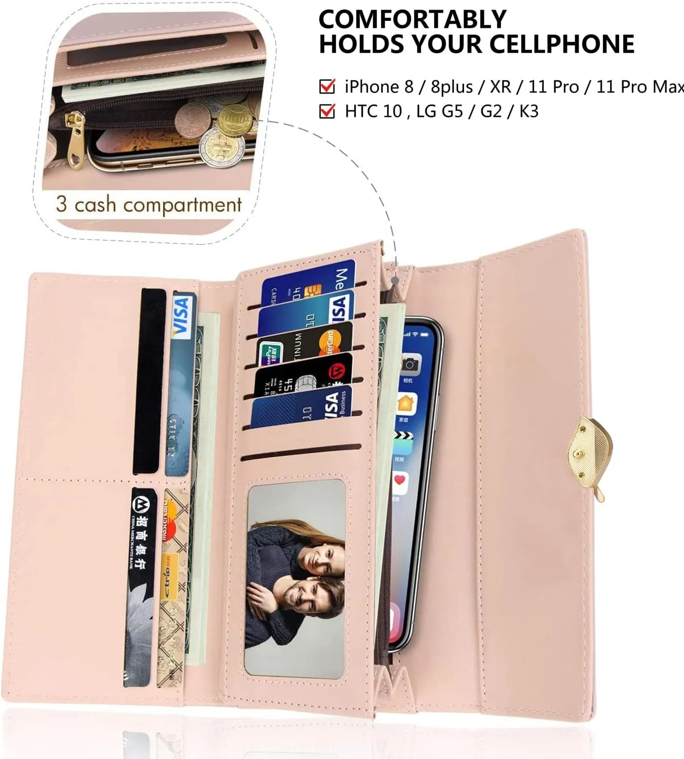 Wallet for Women RFID Blocking PU Leather Leaf Pendant Card Holder Phone Checkbook Organizer Zipper Coin Purse