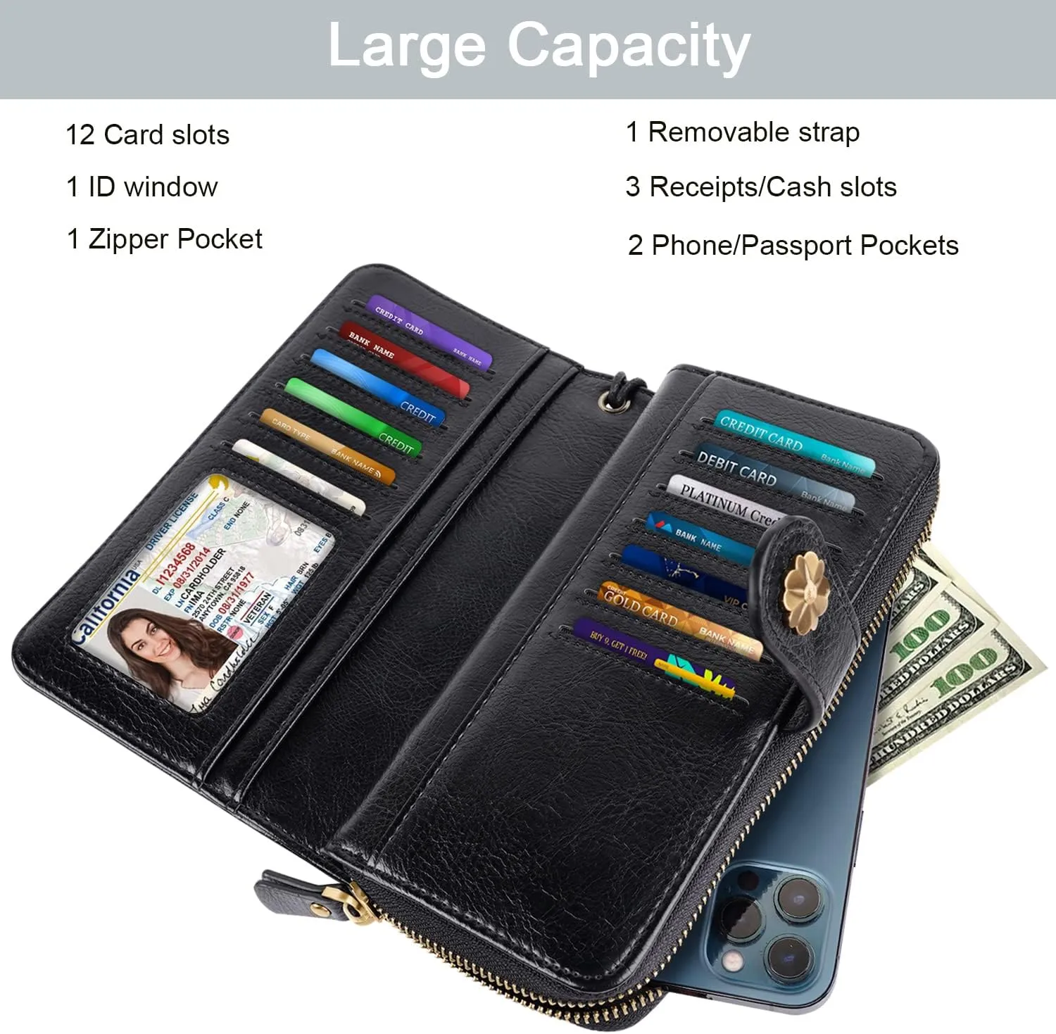 Wallets for Women Multi Card Holder Wallet Clutch Wallet Card Holder Organizer Ladies Purse with Wrist strap Purse