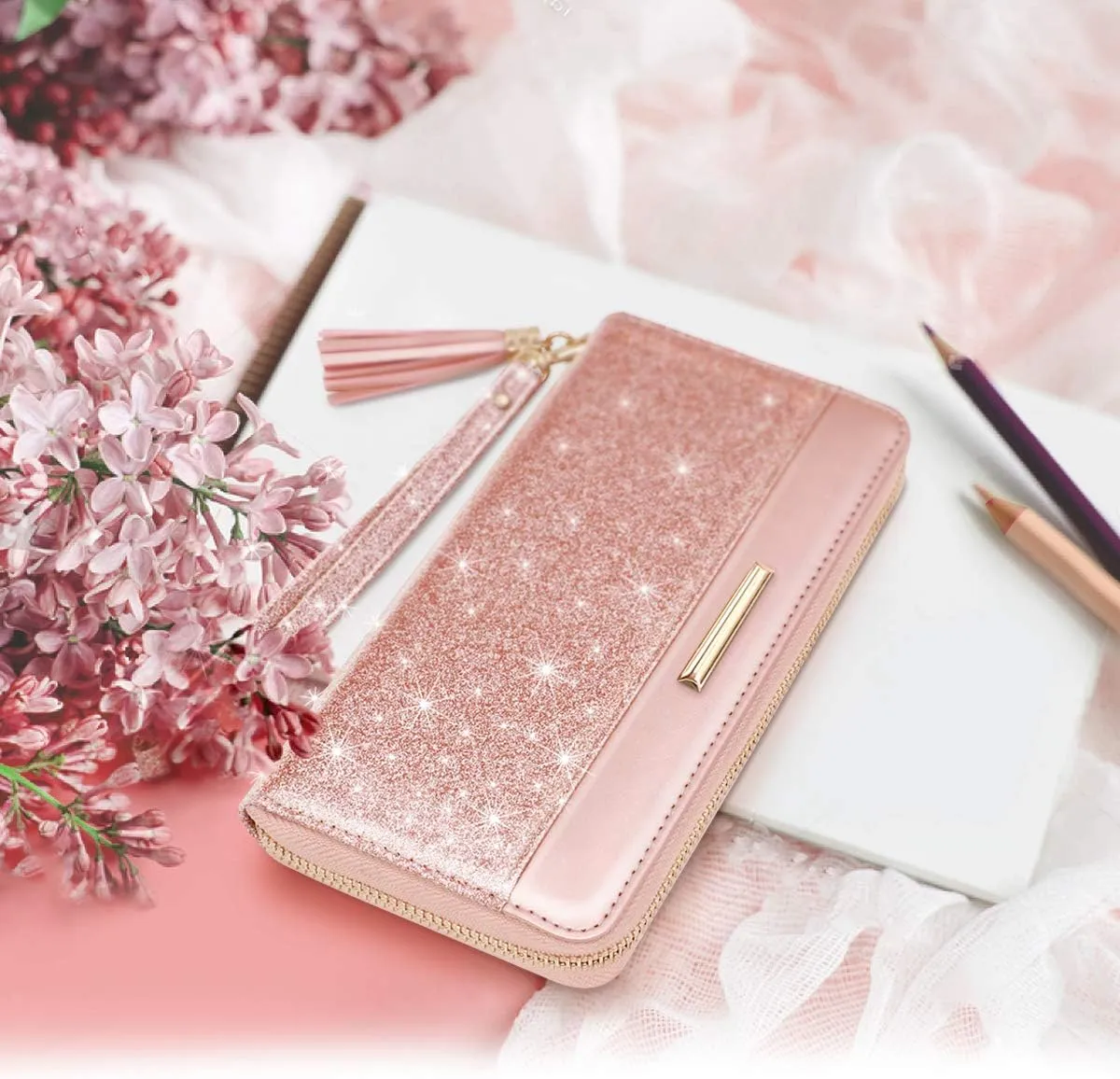 Wallets for Women PU Leather Card Holder Organizer Ladies Clutch with Tassel Wristlet Wrist strap