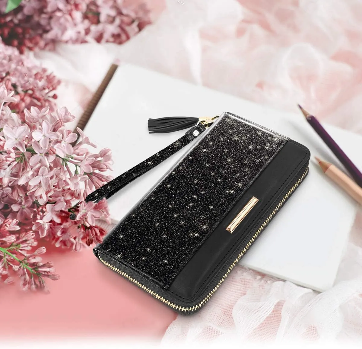 Wallets for Women PU Leather Card Holder Organizer Ladies Clutch with Tassel Wristlet Wrist strap