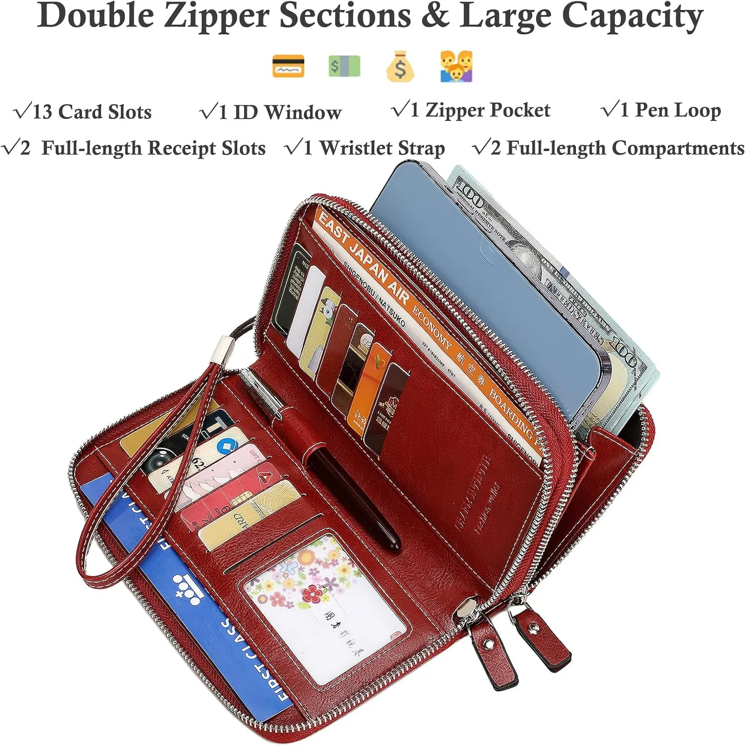 Wallets for Women Wristlet RFID Blocking Genuine Leather Double Zipper Credit Card Holder Large Ladies Clutch Purse
