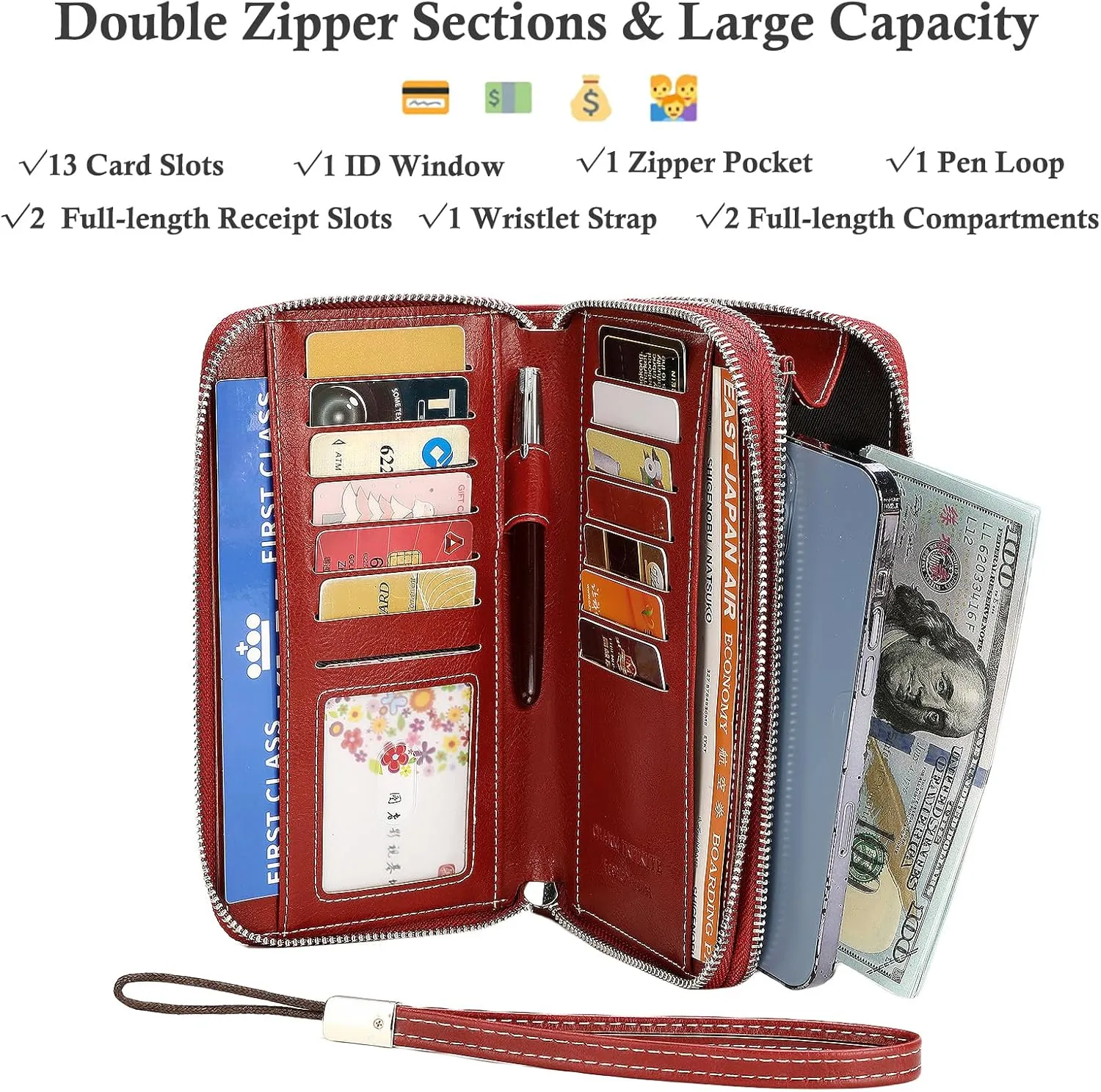 Wallets for Women Wristlet RFID Blocking Genuine Leather Double Zipper Credit Card Holder Large Ladies Clutch Purse