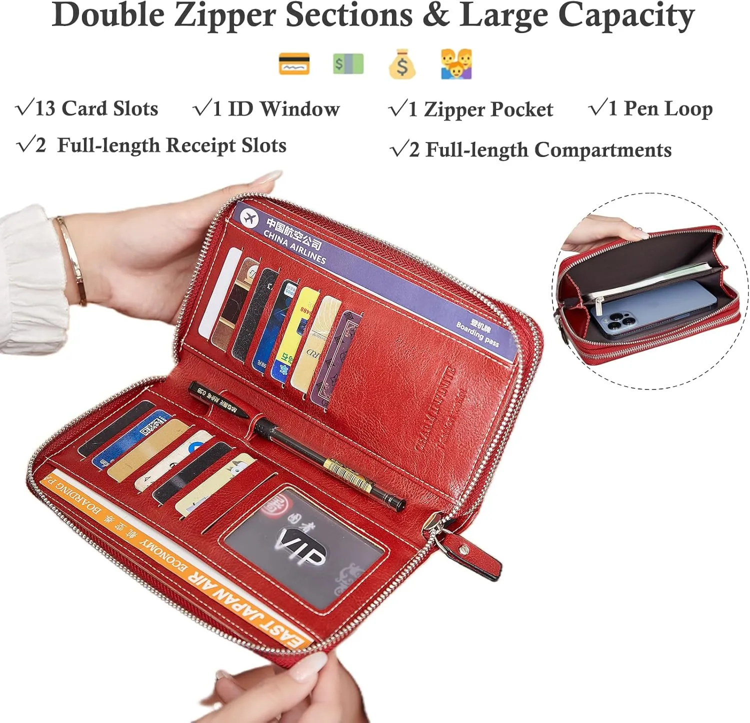 Wallets for Women Wristlet RFID Blocking Genuine Leather Double Zipper Credit Card Holder Large Ladies Clutch Purse