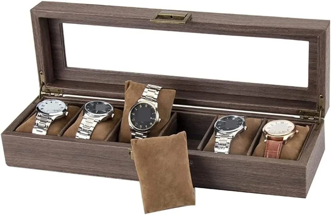 Watch Case Elegant Vintage PU Leather Wood 6 Grids Watch Box Jewelry Storage Display Box Case Holder Watch Showcase Watch Box