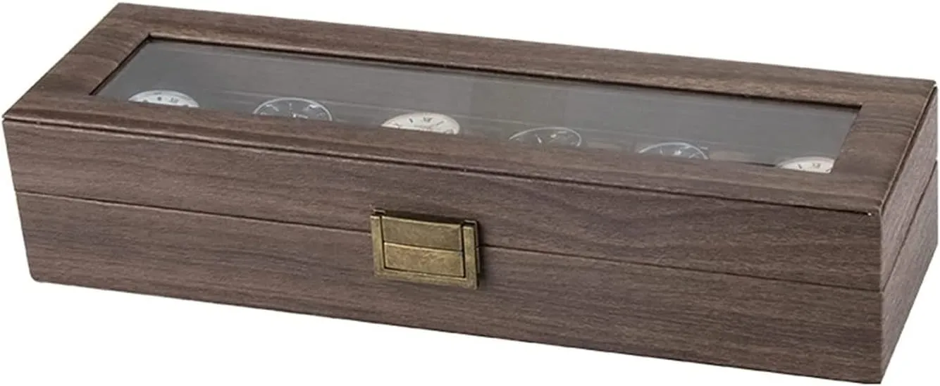 Watch Case Elegant Vintage PU Leather Wood 6 Grids Watch Box Jewelry Storage Display Box Case Holder Watch Showcase Watch Box