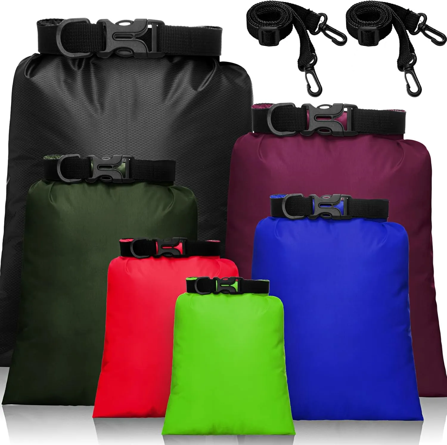 Waterproof Dry Bag Set 15 L  8 L  5 L 4 L 3 L  2 L Lightweight Sacks and Long Adjustable Shoulder Strap for Kayaking, Rafting, Boating, Hiking, Camping (Dark Colors,6 Pcs)