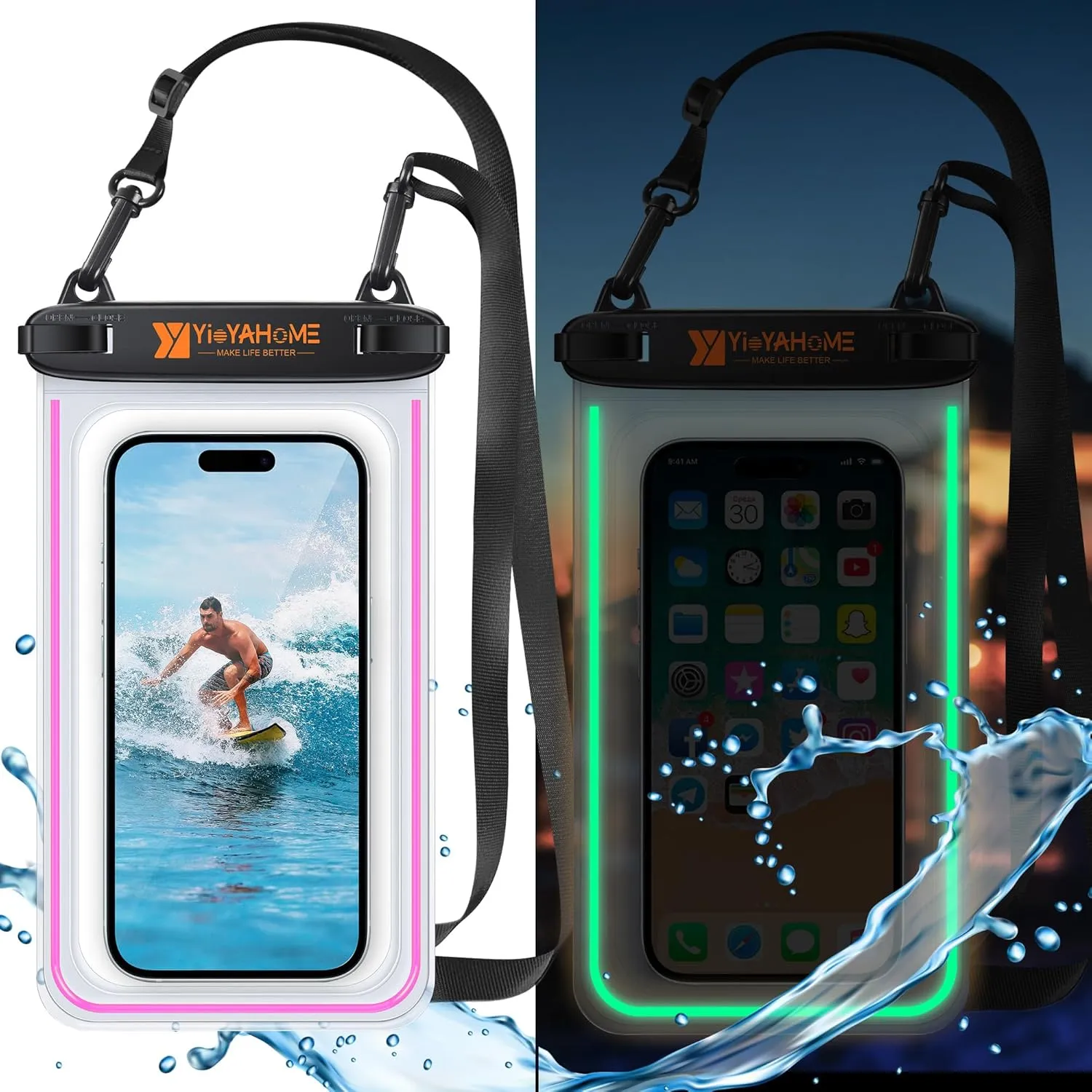 Waterproof Phone Pouch 2 Pack IPX8 100ft/30m Floating Case with Glow Strips for iPhone 16/15/14/13/12 Series & Samsung S25/S24/S23 Ultra and More up to 8.5" Beach Essentials (Red/Blue)