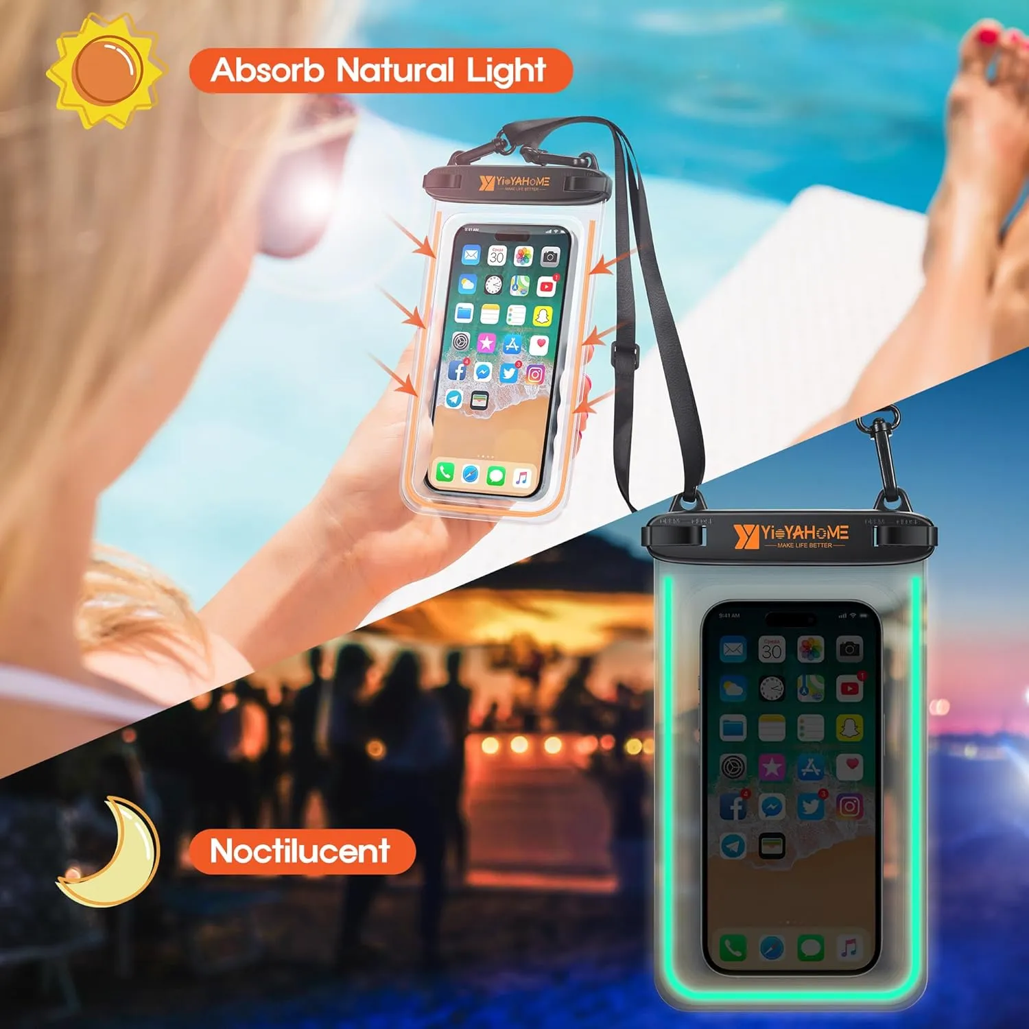 Waterproof Phone Pouch 2 Pack IPX8 100ft/30m Floating Case with Glow Strips for iPhone 16/15/14/13/12 Series & Samsung S25/S24/S23 Ultra and More up to 8.5" Beach Essentials (Red/Blue)