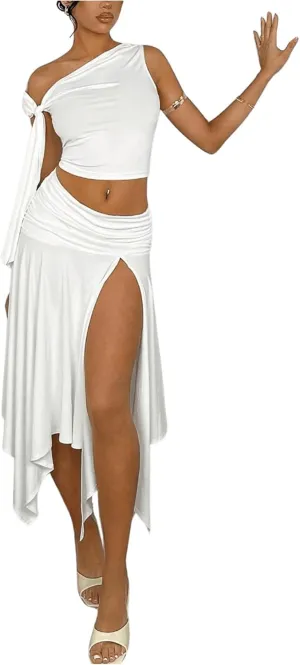 WDIRARA Women's 2 Piece Outfits Asymmetrical Neck Sleeveless Top and Split Thigh Ruffle Midi Skirt Set