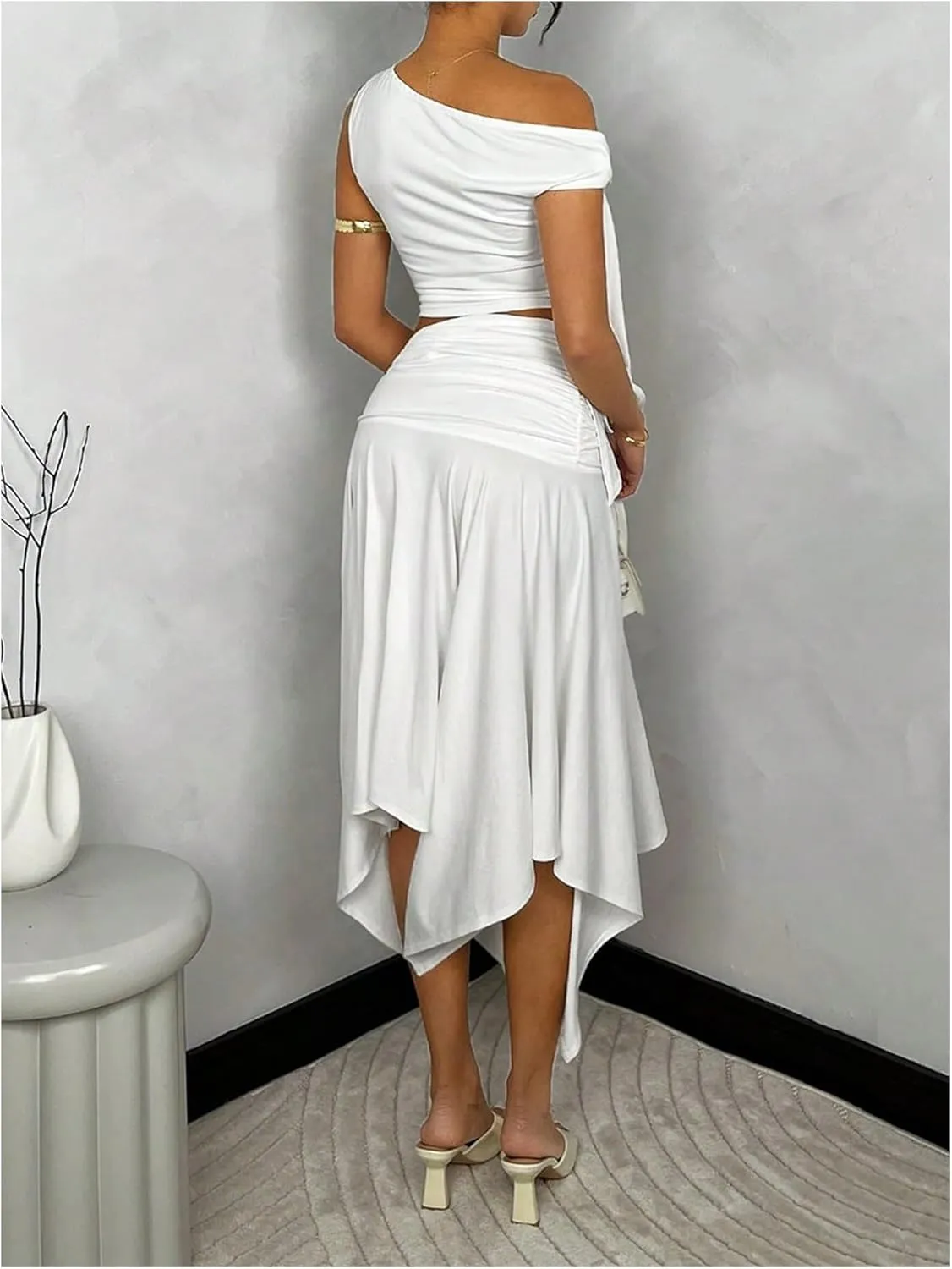 WDIRARA Women's 2 Piece Outfits Asymmetrical Neck Sleeveless Top and Split Thigh Ruffle Midi Skirt Set