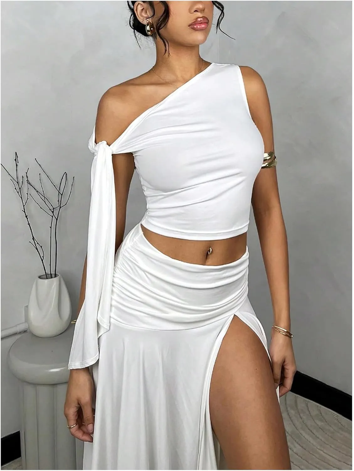WDIRARA Women's 2 Piece Outfits Asymmetrical Neck Sleeveless Top and Split Thigh Ruffle Midi Skirt Set