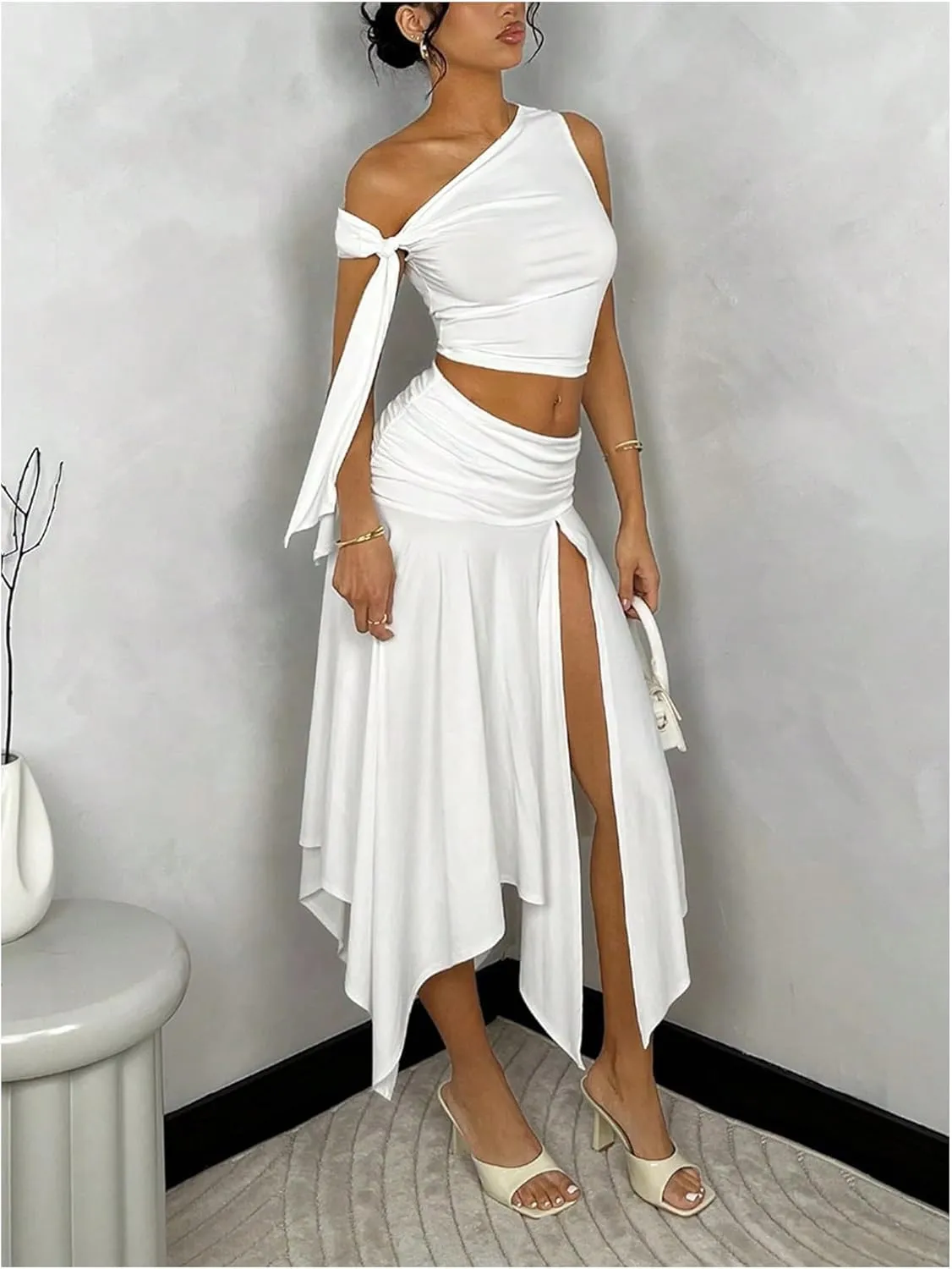 WDIRARA Women's 2 Piece Outfits Asymmetrical Neck Sleeveless Top and Split Thigh Ruffle Midi Skirt Set