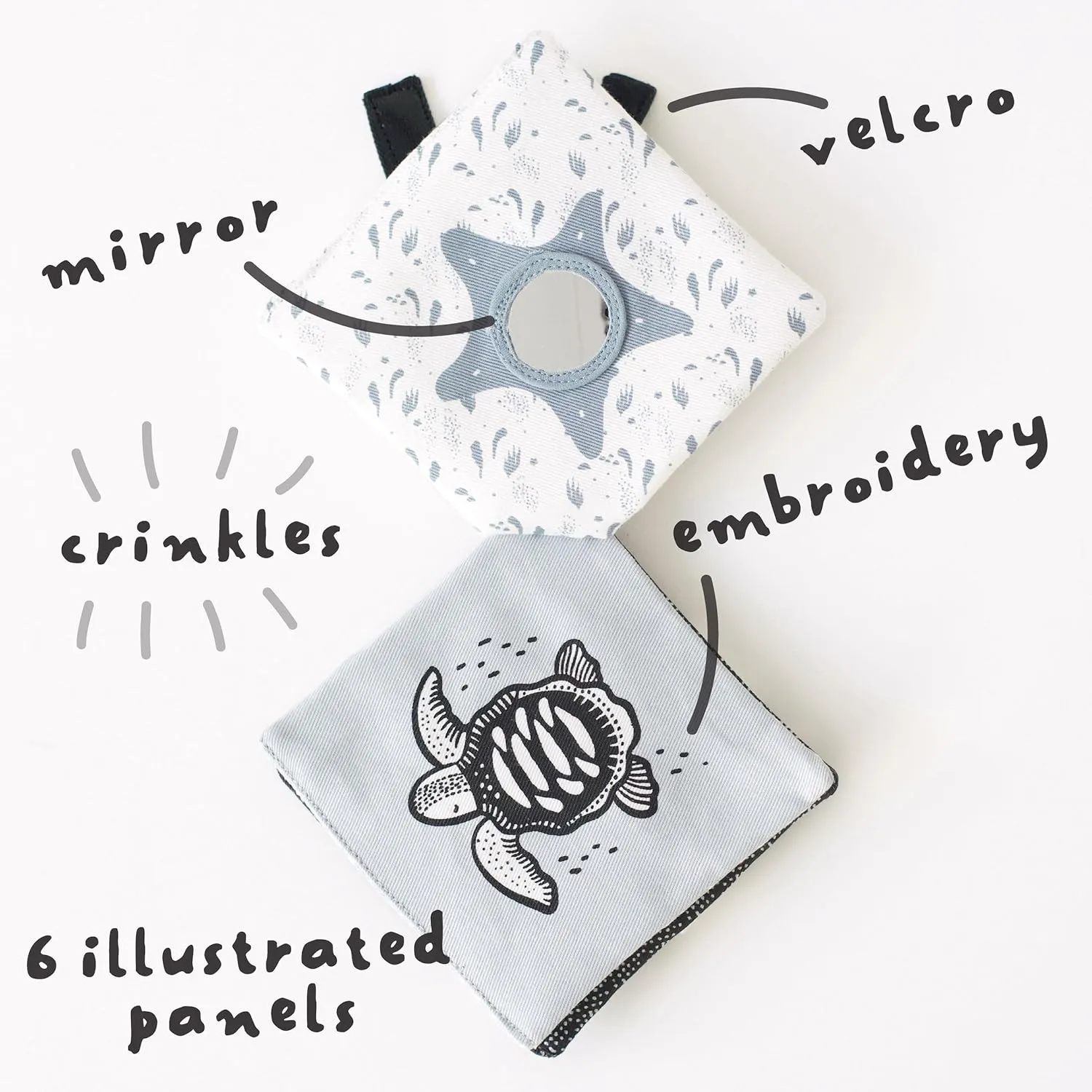 Wee Gallery Crinkle Pages Stroller Toy, Ocean Animals - Travel Activity for Babies with Mirror, Sound, & Velcro Strap for Walks, Car Seat, Bag, Play Gym, Tummy Time - for Curious Baby, Newborn