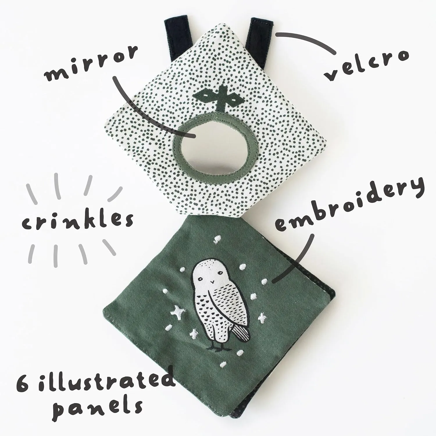 Wee Gallery Crinkle Pages Stroller Toy, Woodland Animals - Travel Activity for Babies with Mirror, Sound Paper, Velcro Strap for Walks, Car Seat, Bag, Play Gym, Tummy Time - for Curious Baby, Newborn