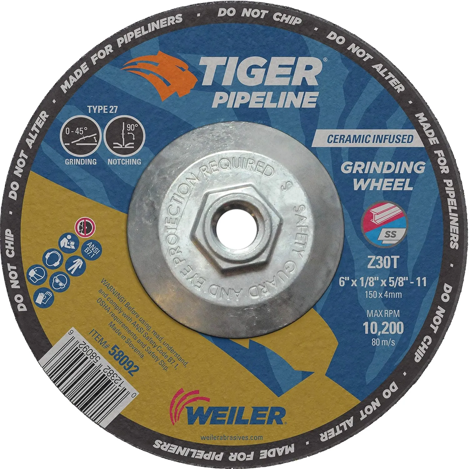 Weiler 58092 6" x 1/8" Tiger Pipeline, Z30T, Type 27, 5/8"-11 Nut (Pack of 10), 6" Dia