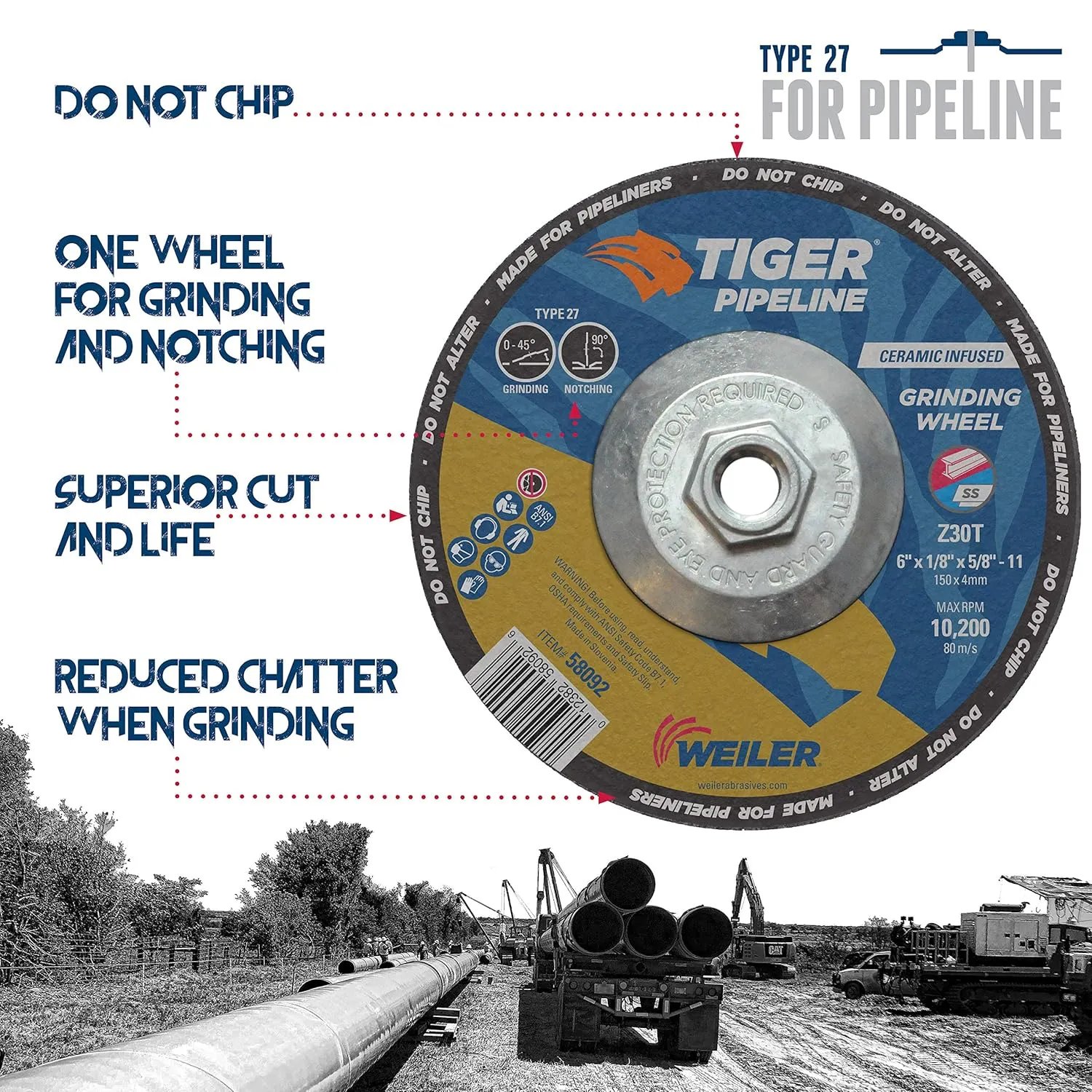 Weiler 58092 6" x 1/8" Tiger Pipeline, Z30T, Type 27, 5/8"-11 Nut (Pack of 10), 6" Dia