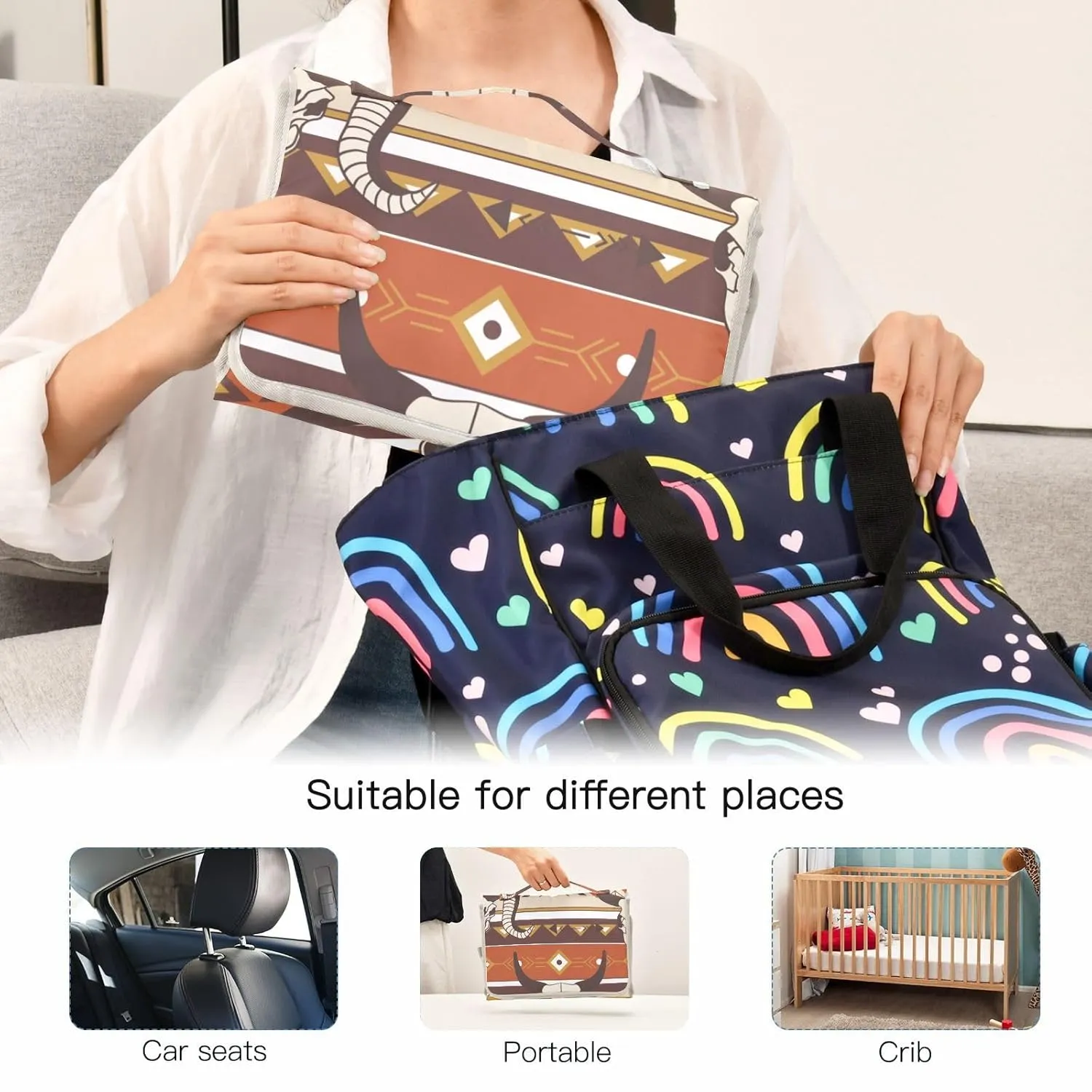 Western Aztec Baby Changing Pad - Waterproof Diaper Changing Pad with Built-in Pillow - Portable Travel Changing Mat for Newborn Girl & Boy