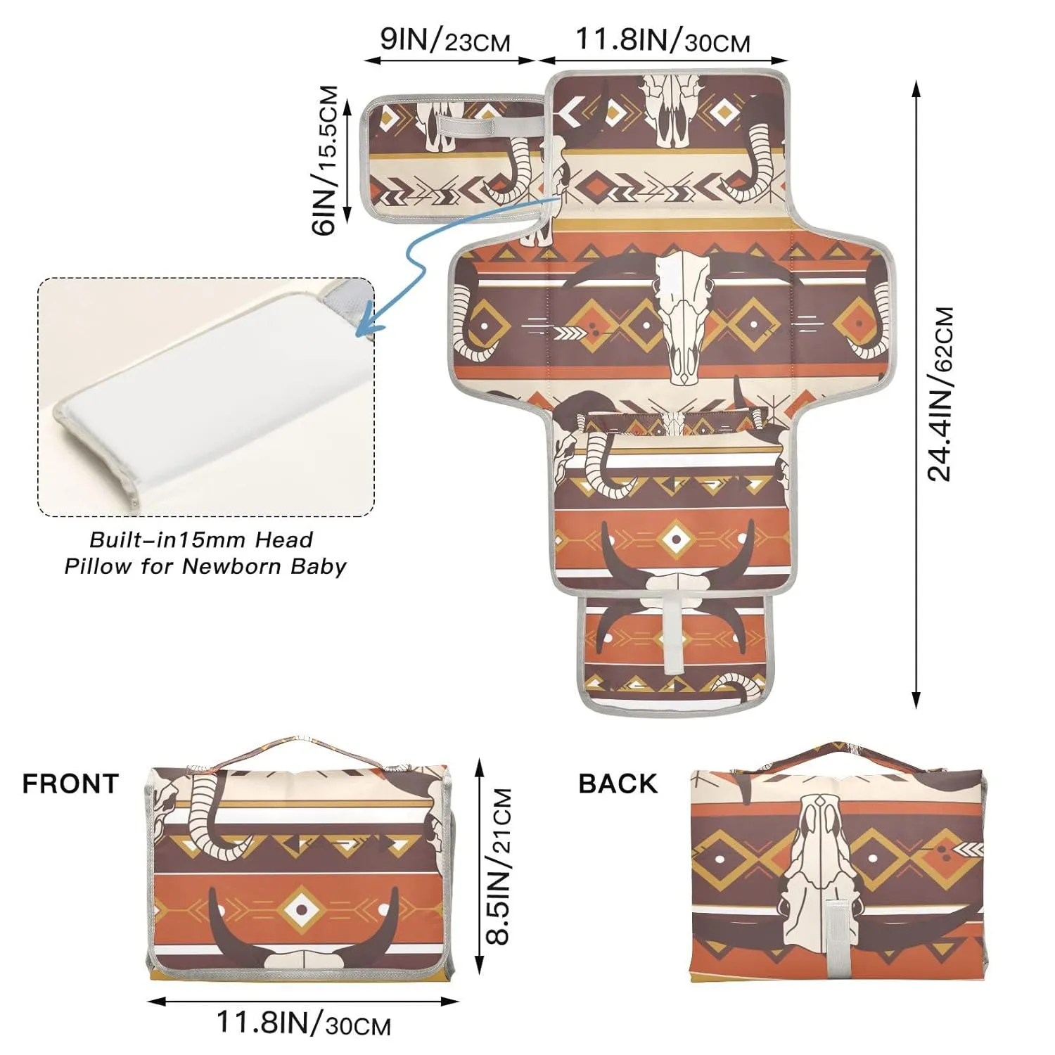Western Aztec Baby Changing Pad - Waterproof Diaper Changing Pad with Built-in Pillow - Portable Travel Changing Mat for Newborn Girl & Boy