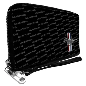 Wholesale PU Zip Around Wallet Rectangle - Ford Mustang w/Bars CORNER w/Text Black